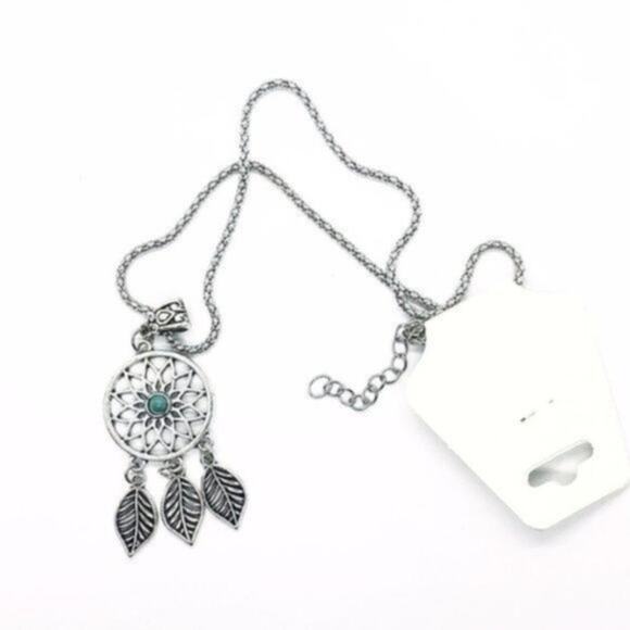 Silver Turquoise Dreamcatcher Feather Boho Necklace - Picture 2 of 5